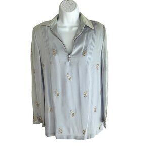 Vintage Embroidered Light Blue Blouse With Button & Collar Details 87P
